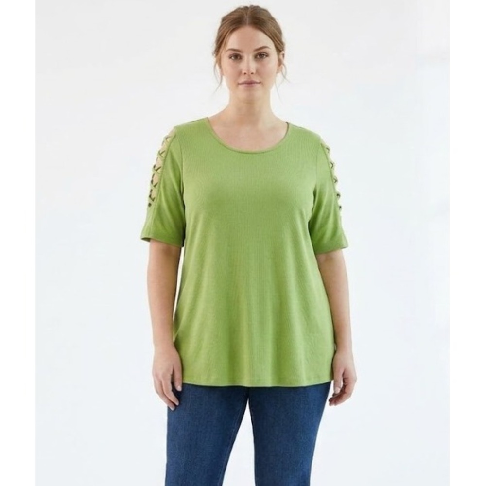 New Avenue Green Caged Sleeve Round Neck Cotton Stretch Top size 14/16